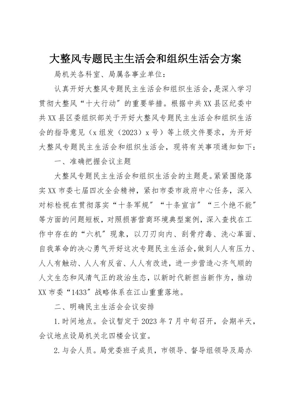 2023年大整风专题民主生活会和组织生活会方案新编.docx_第1页