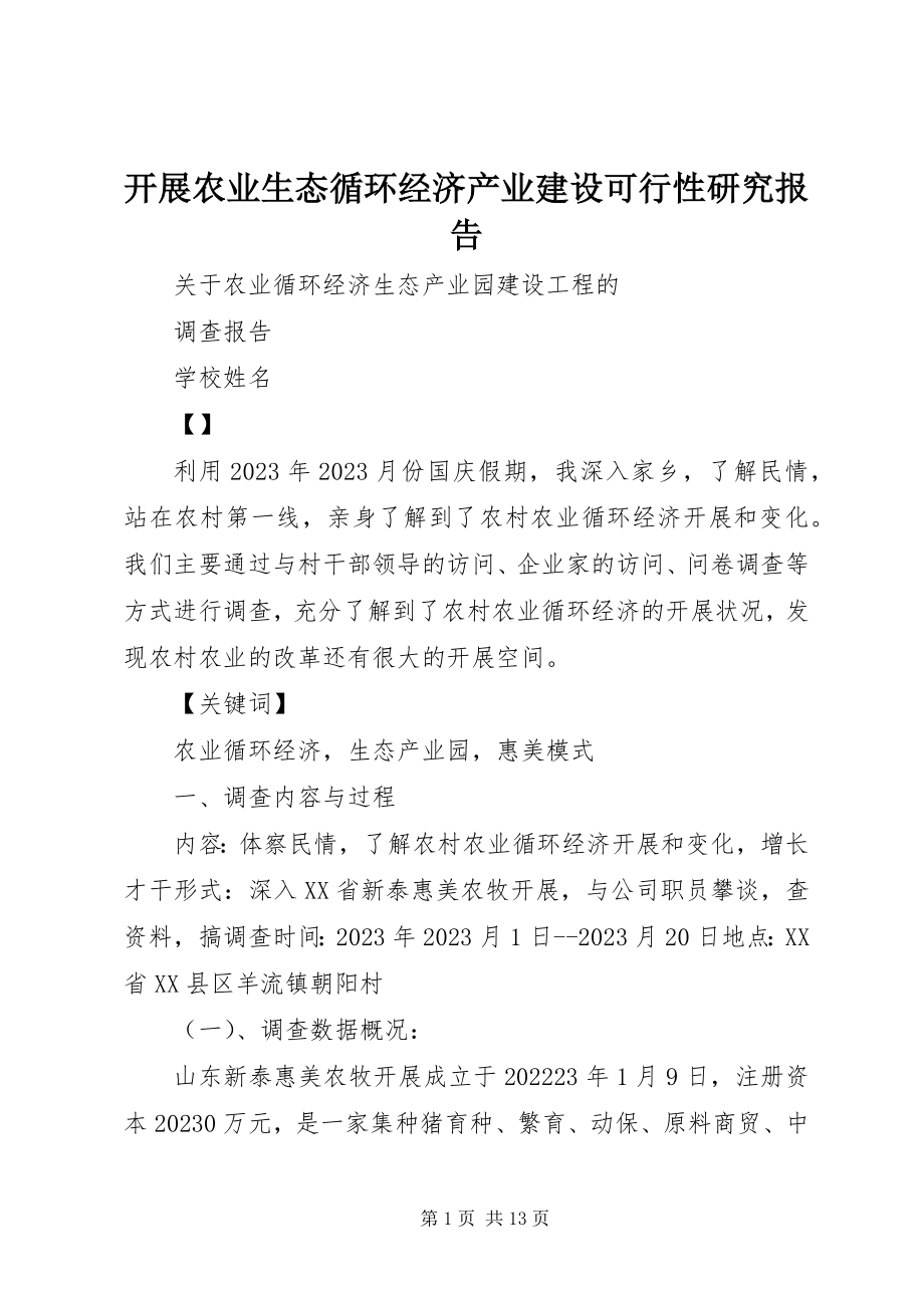 2023年发展农业生态循环经济产业建设可行性研究报告.docx_第1页