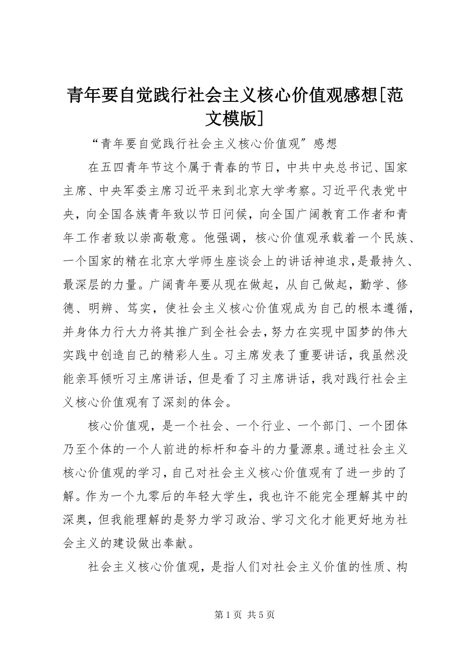 2023年青年要自觉践行社会主义核心价值观感想模版.docx_第1页