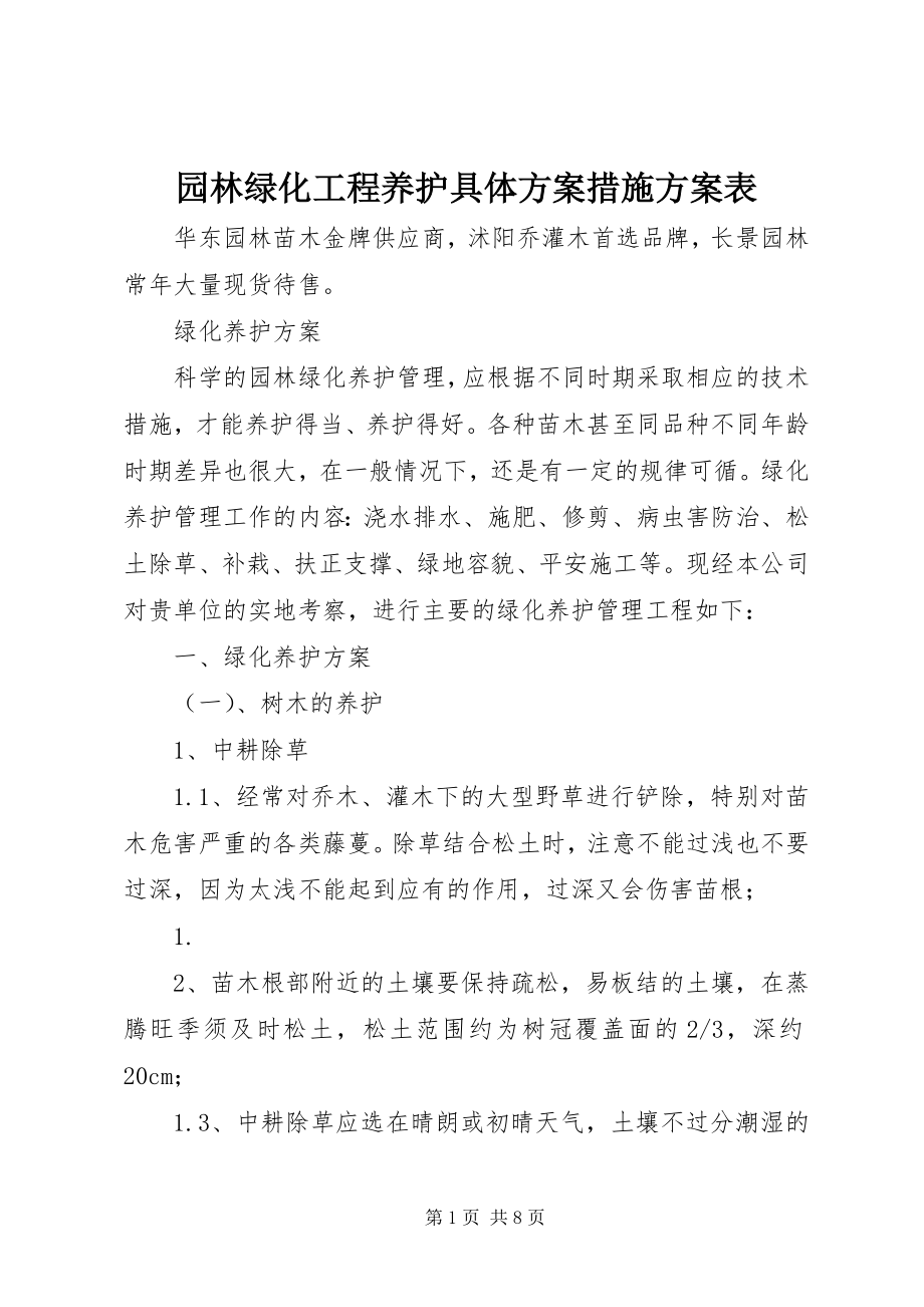 2023年园林绿化工程养护具体方案措施计划表.docx_第1页