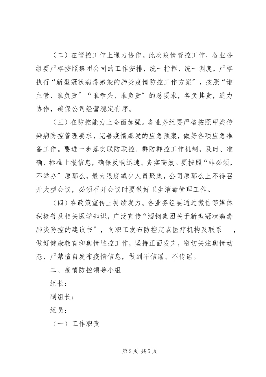 2023年公司突发新型冠状病毒肺炎公共卫生事件工作防控方案.docx_第2页