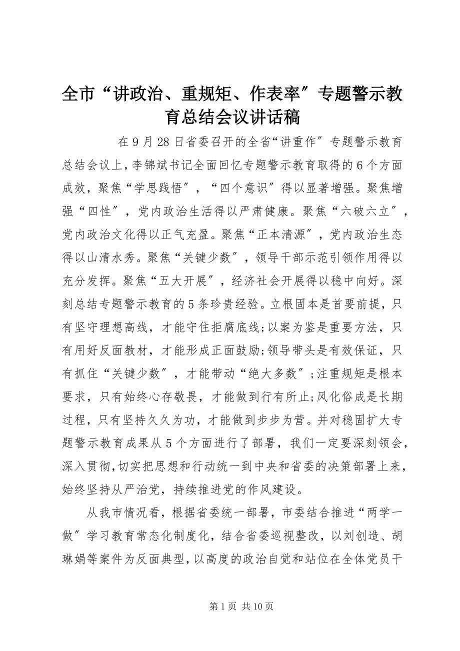 2023年全市“讲政治重规矩作表率”专题警示教育总结会议致辞稿.docx_第1页