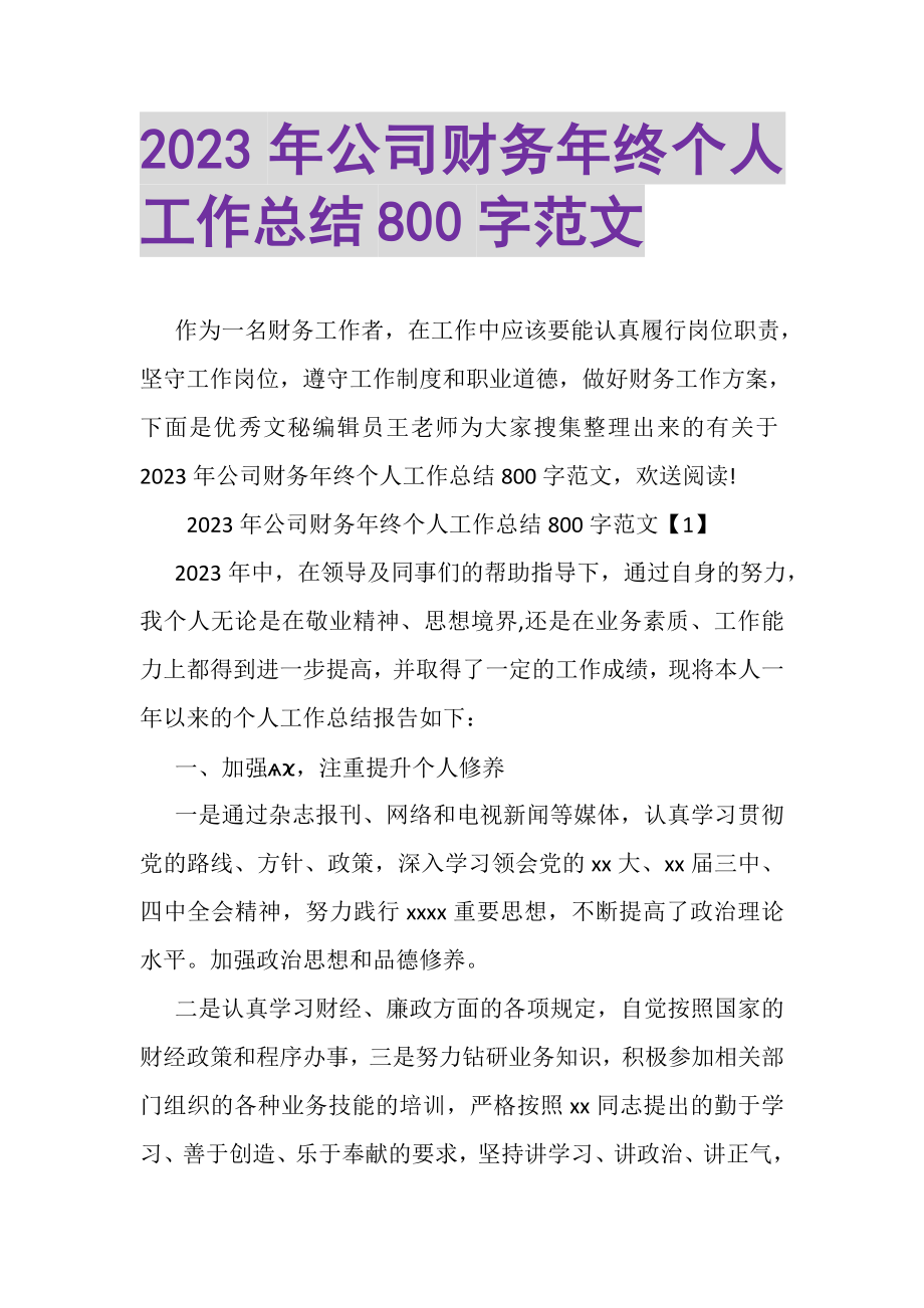 2023年公司财务年终个人工作总结800字范文.doc_第1页