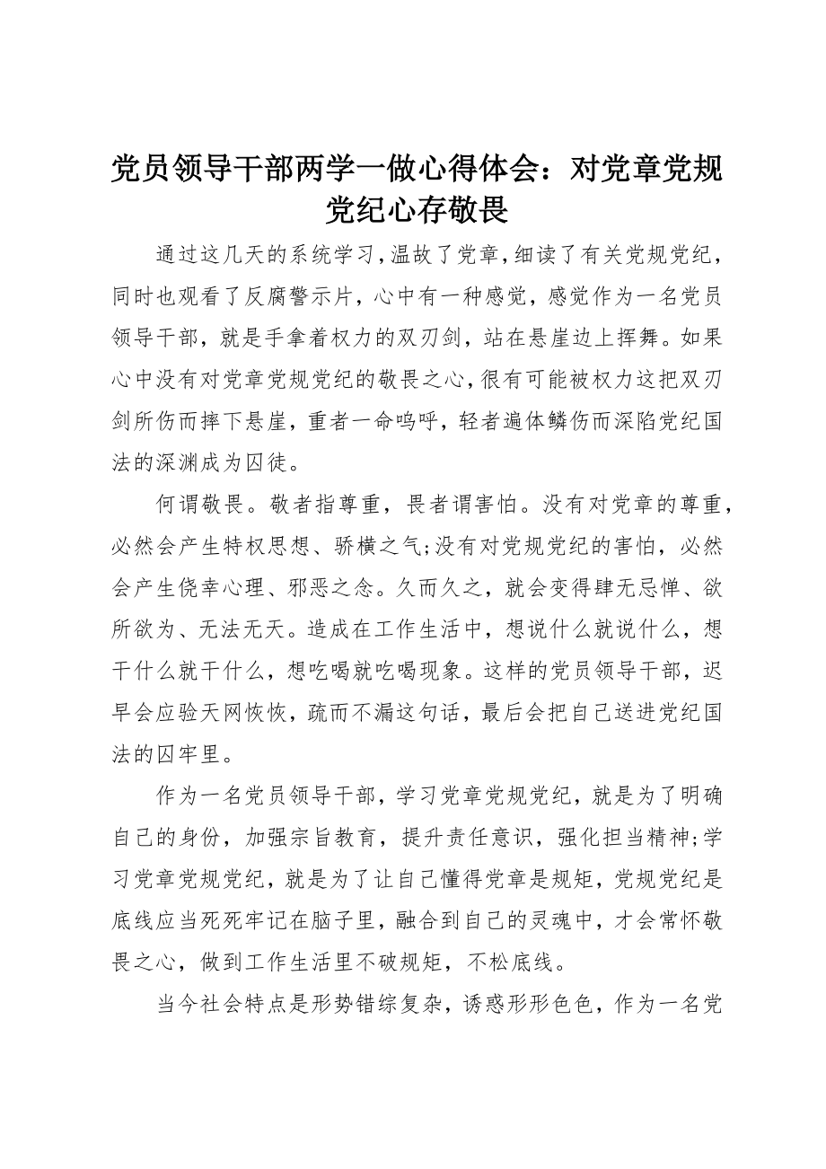 2023年党员领导干部两学一做心得体会对党章党规党纪心存敬畏.docx_第1页