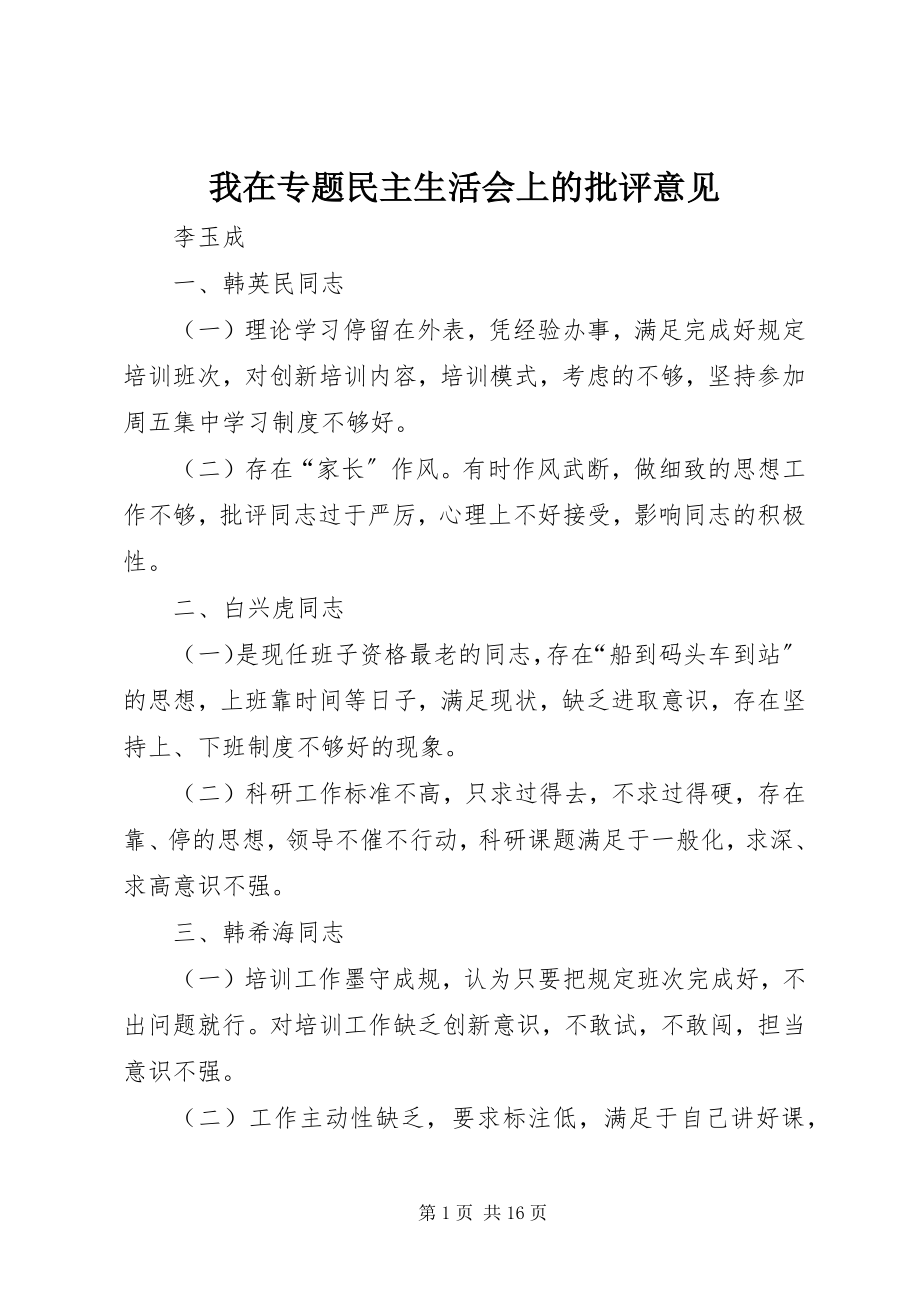 2023年我在专题民主生活会上的批评意见.docx_第1页