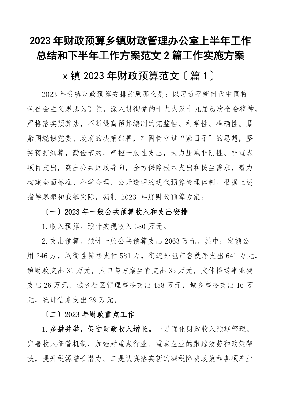 财政预算乡镇财政管理办公室上半年工作总结和下半年工作计划范文2篇工作实施方案.docx_第1页