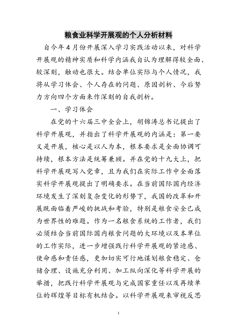 2023年粮食业科学发展观的个人分析材料范文.doc_第1页