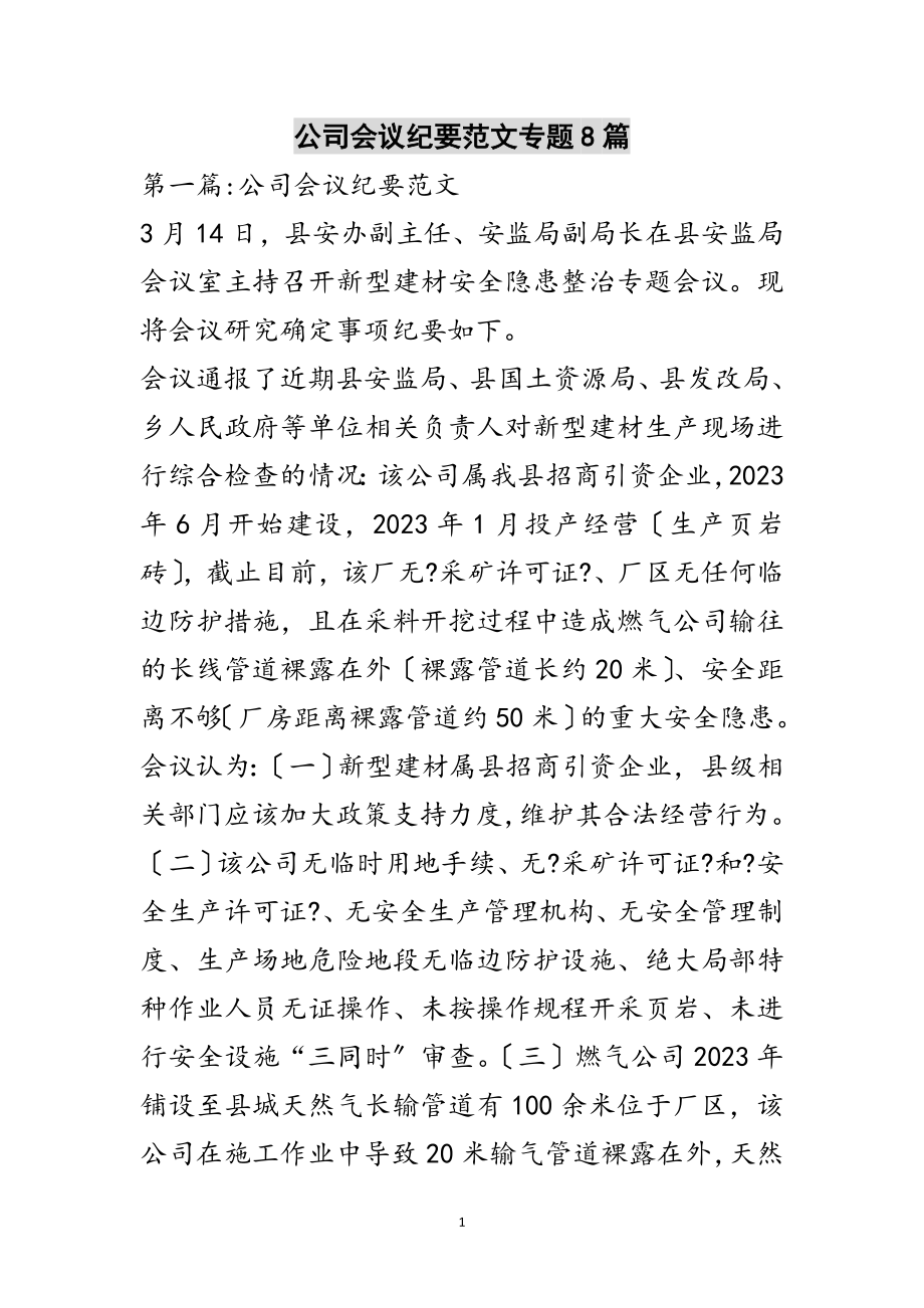 2023年公司会议纪要范文专题8篇范文.doc_第1页