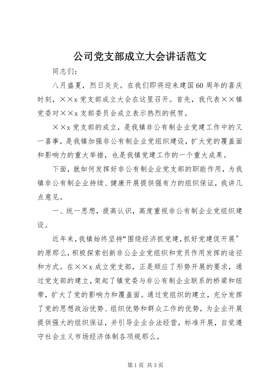 2023年公司党支部成立大会致辞.docx_第1页