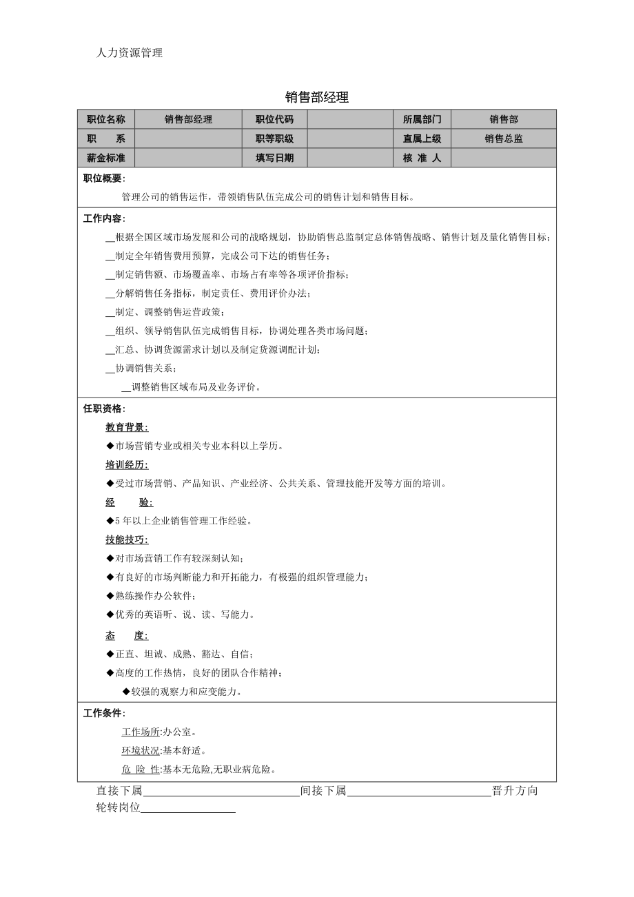 人力资源管理 企业管理 岗位说明 销售部经理职能说明书.docx_第1页