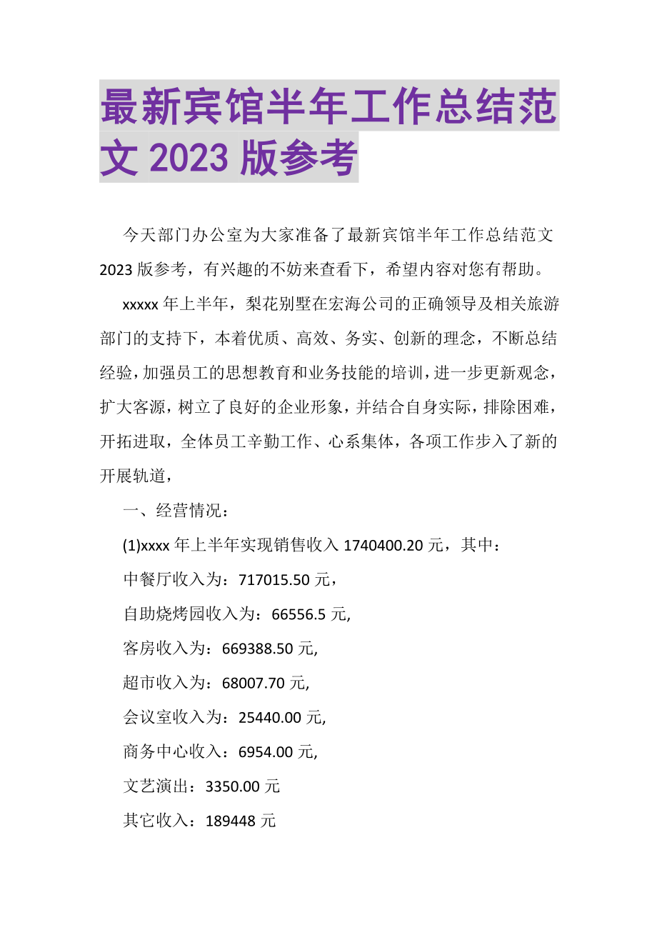 2023年宾馆半年工作总结范文版参考.doc_第1页