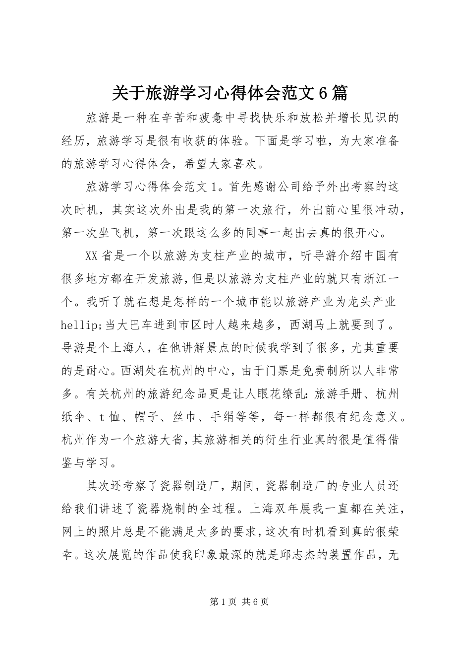 2023年旅游学习心得体会6篇.docx_第1页