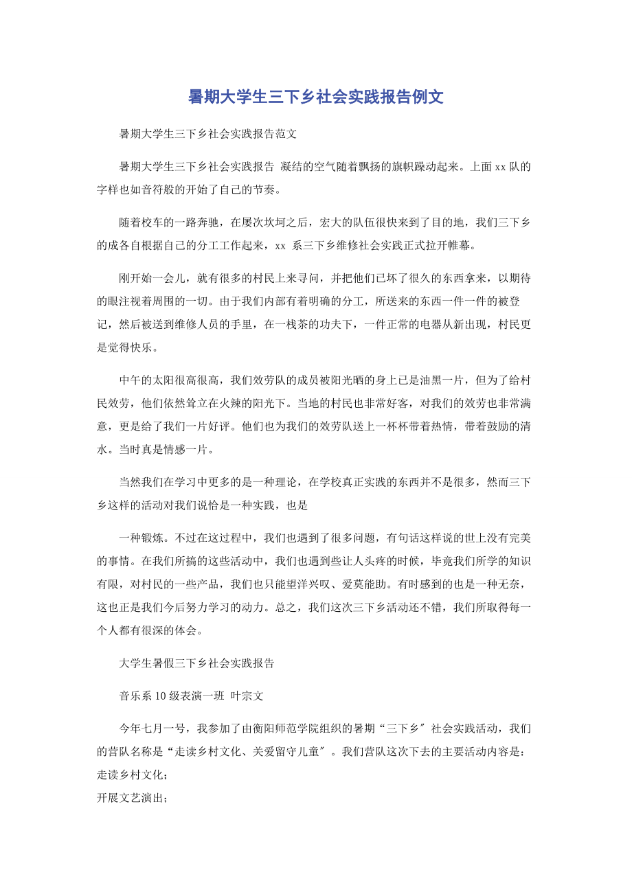 2023年暑期大学生三下乡社会实践报告例文.docx_第1页