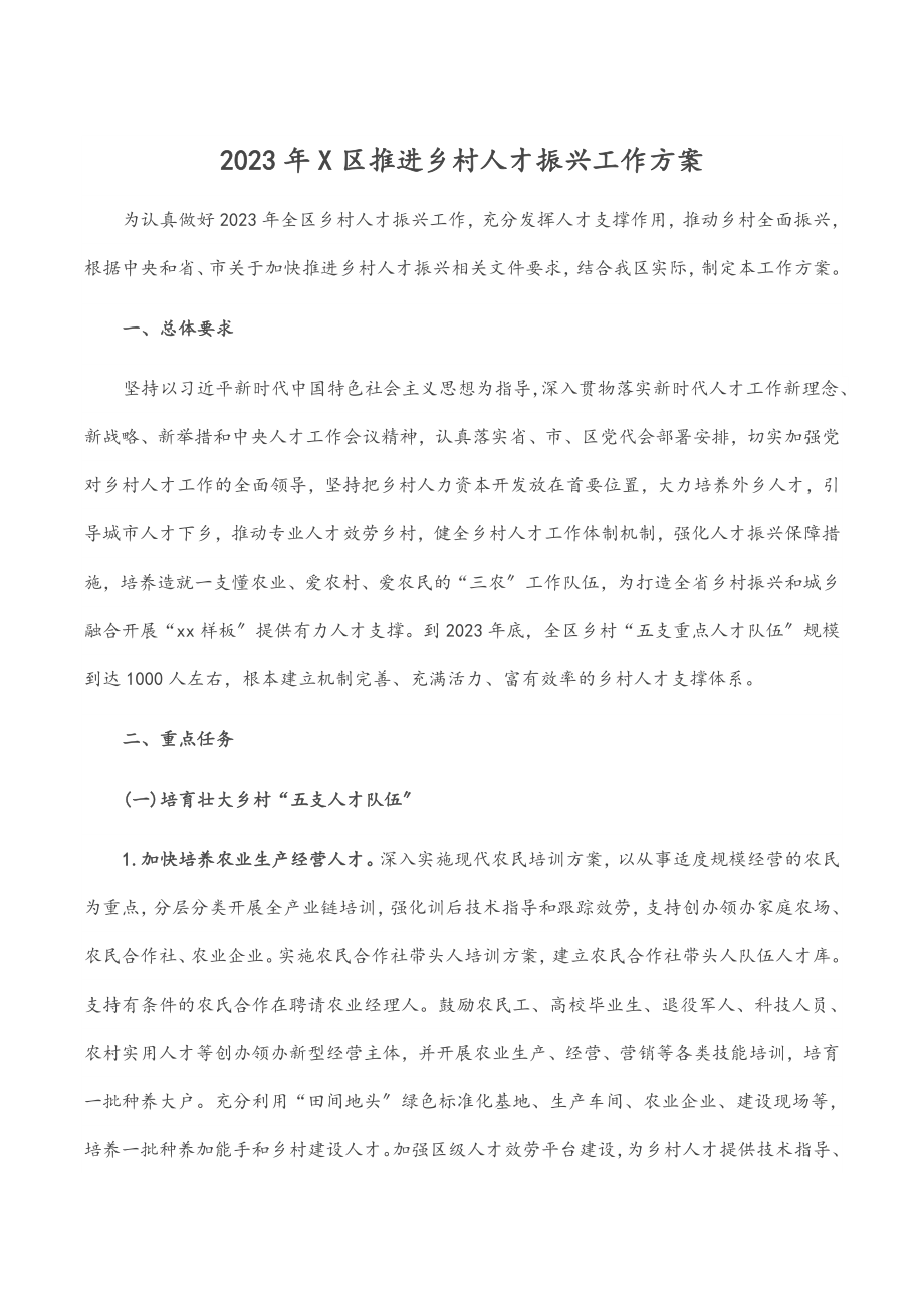 2023年X区推进乡村人才振兴工作计划.docx_第1页