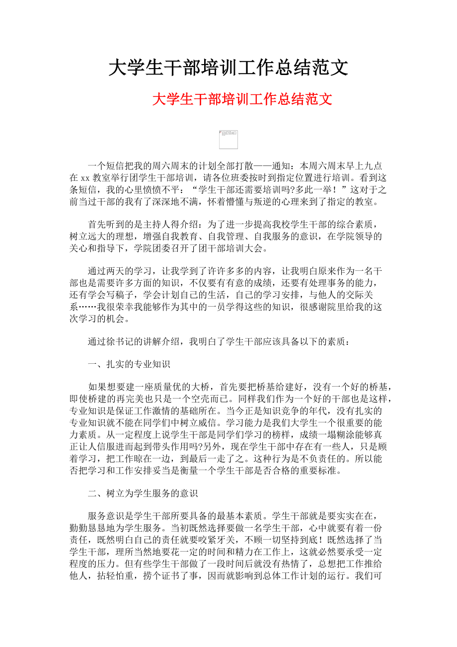 2023年大学生干部培训工作总结.doc_第1页