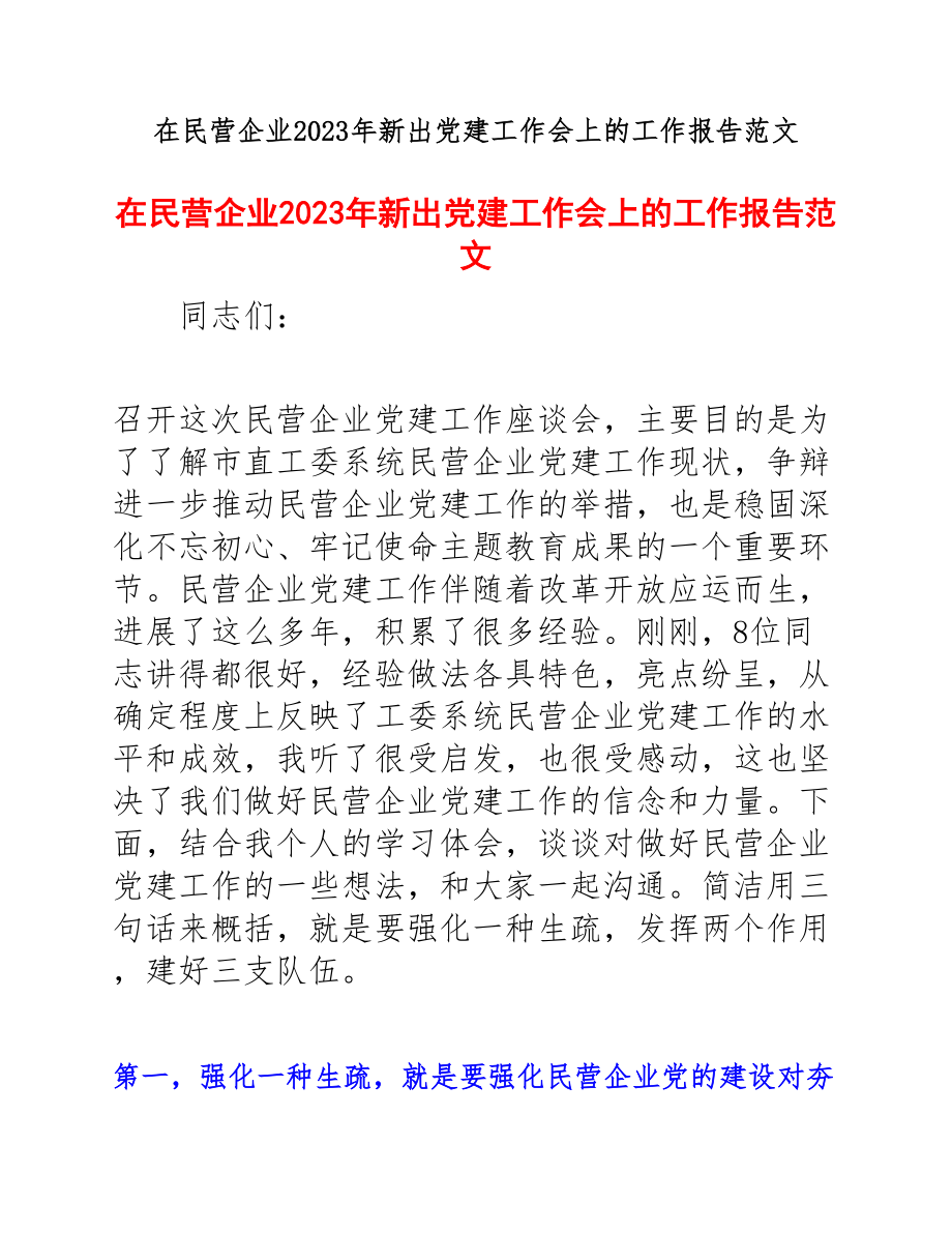 在2023年民营企业2023年新出党建工作会上的工作报告.docx_第1页