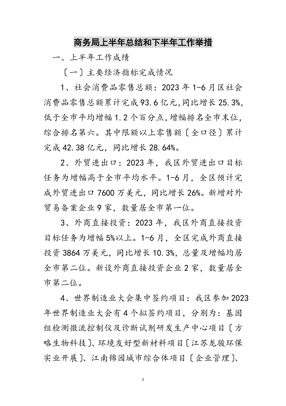 2023年商务局上半年总结和下半年工作举措范文.doc_第1页