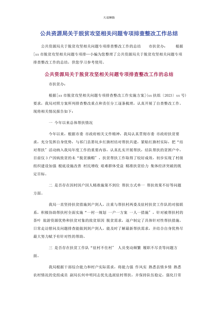 2023年公共资源局脱贫攻坚相关问题专项排查整改工作总结.docx_第1页