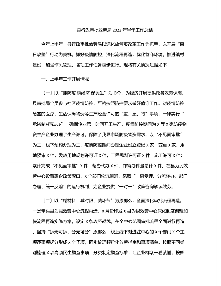 县行政审批服务局2023年半年工作总结.docx_第1页