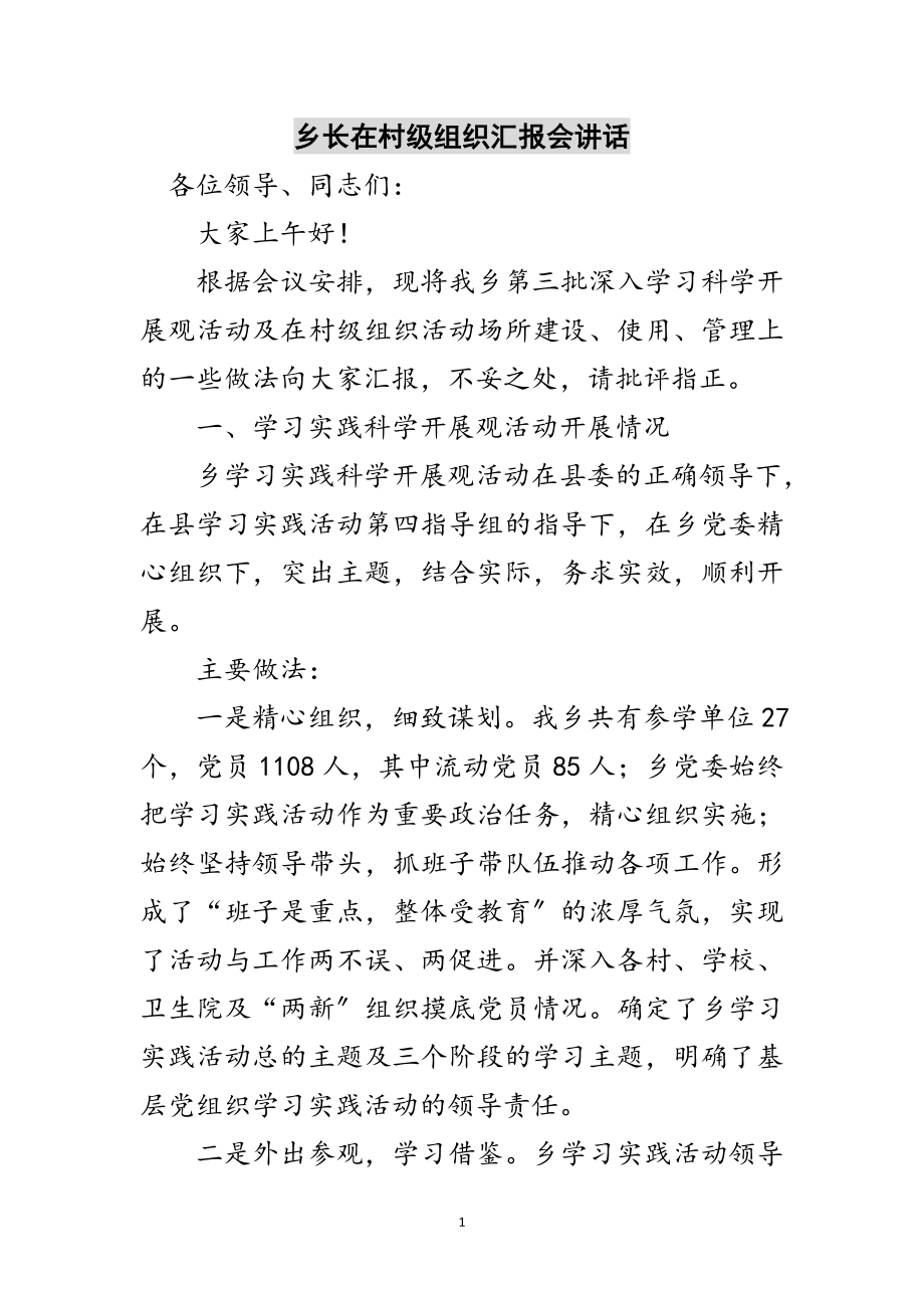 2023年乡长在村级组织汇报会讲话范文.doc_第1页