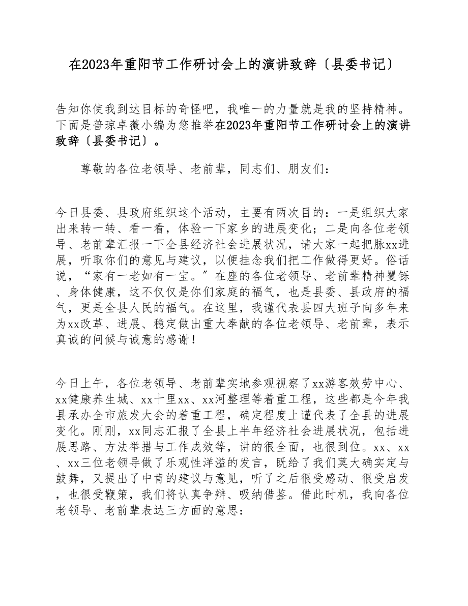 在2023年重阳节工作研讨会上的演讲致辞县委书记.docx_第1页