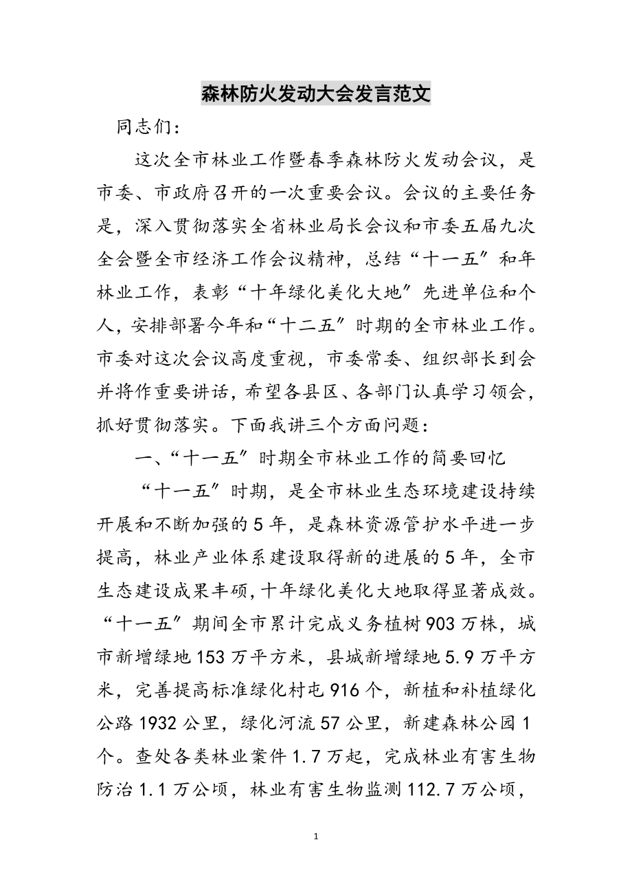 2023年森林防火动员大会发言范文范文.doc_第1页