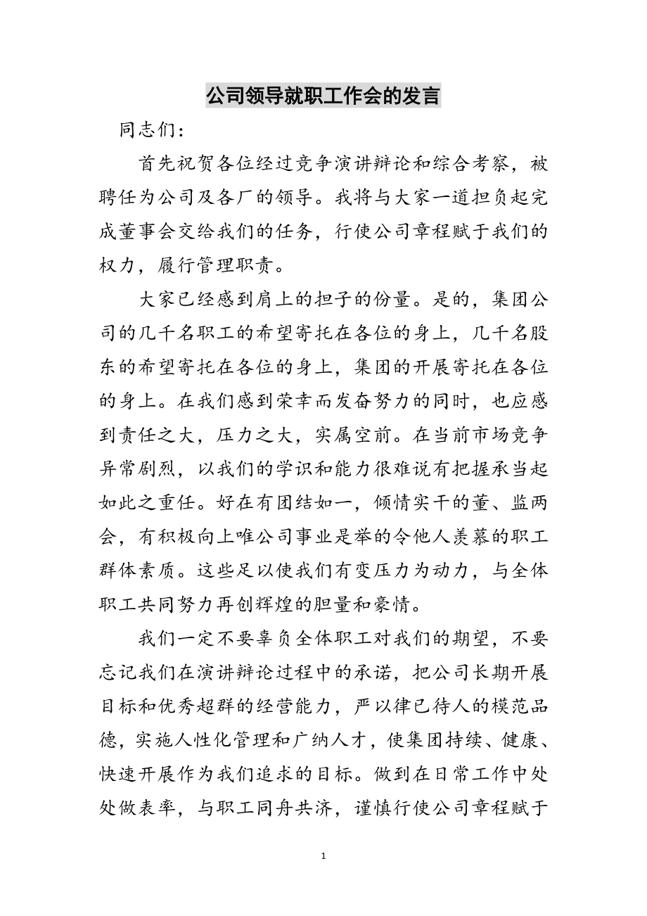 2023年公司领导就职工作会的发言范文.doc_第1页