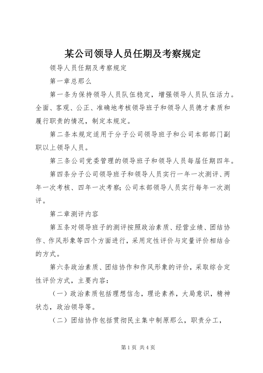 2023年某公司领导人员任期及考察规定.docx_第1页