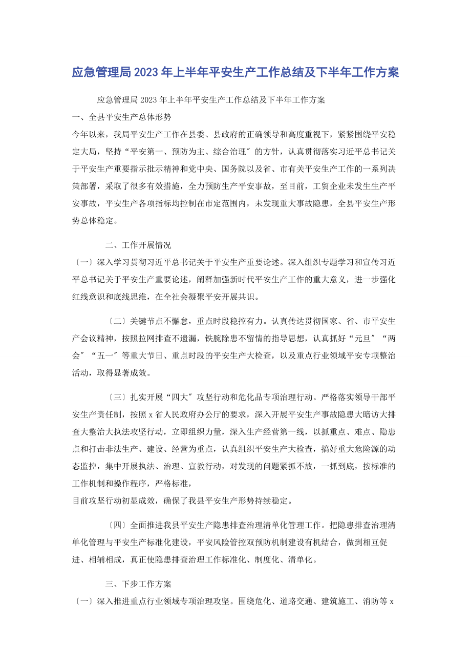 2023年应急管理局上半年安全生产工作总结及下半年工作计划.docx_第1页