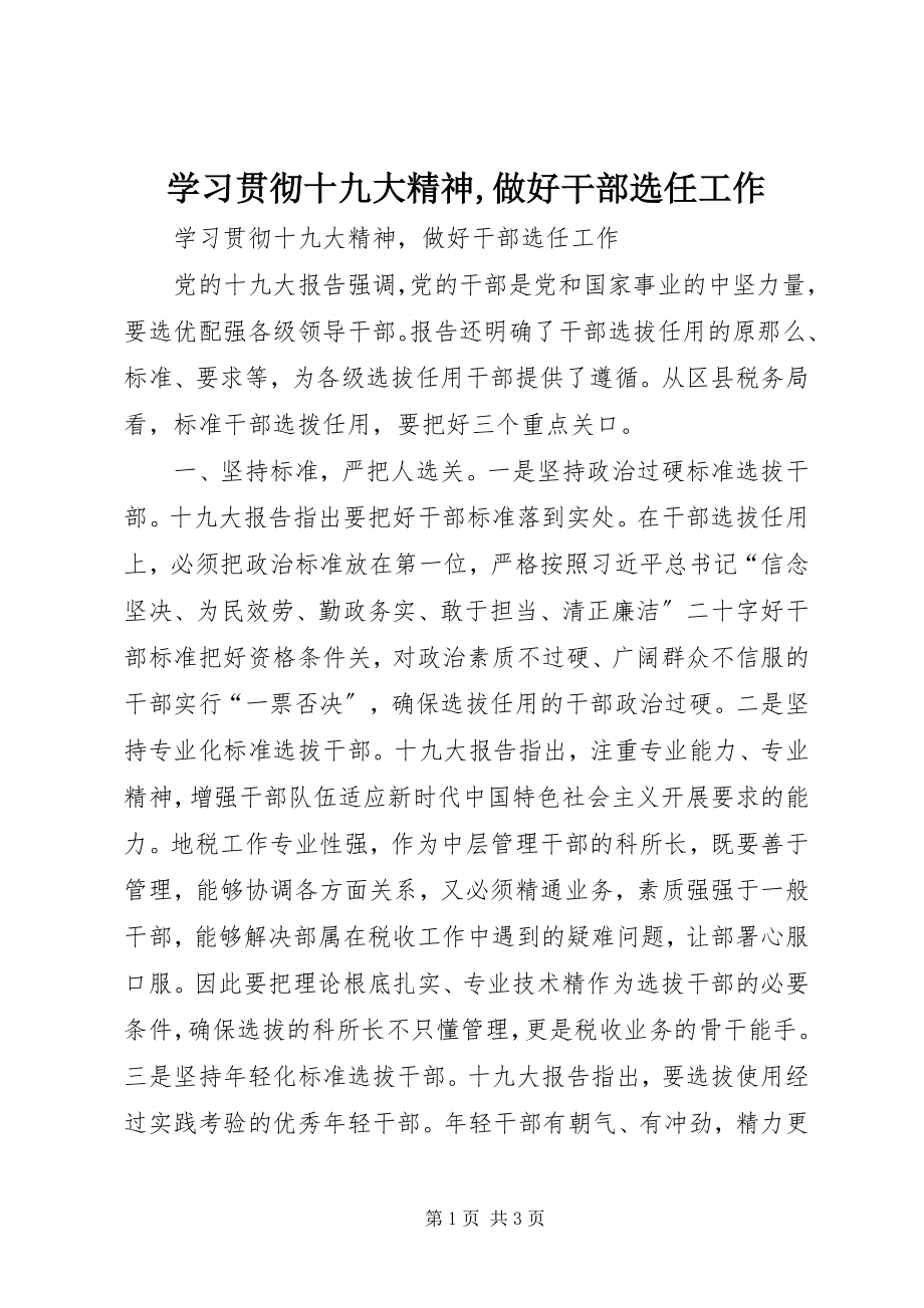 2023年学习贯彻十九大精神做好干部选任工作.docx_第1页