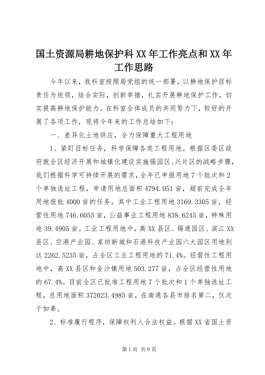 2023年国土资源局耕地保护科工作亮点和工作思路.docx_第1页