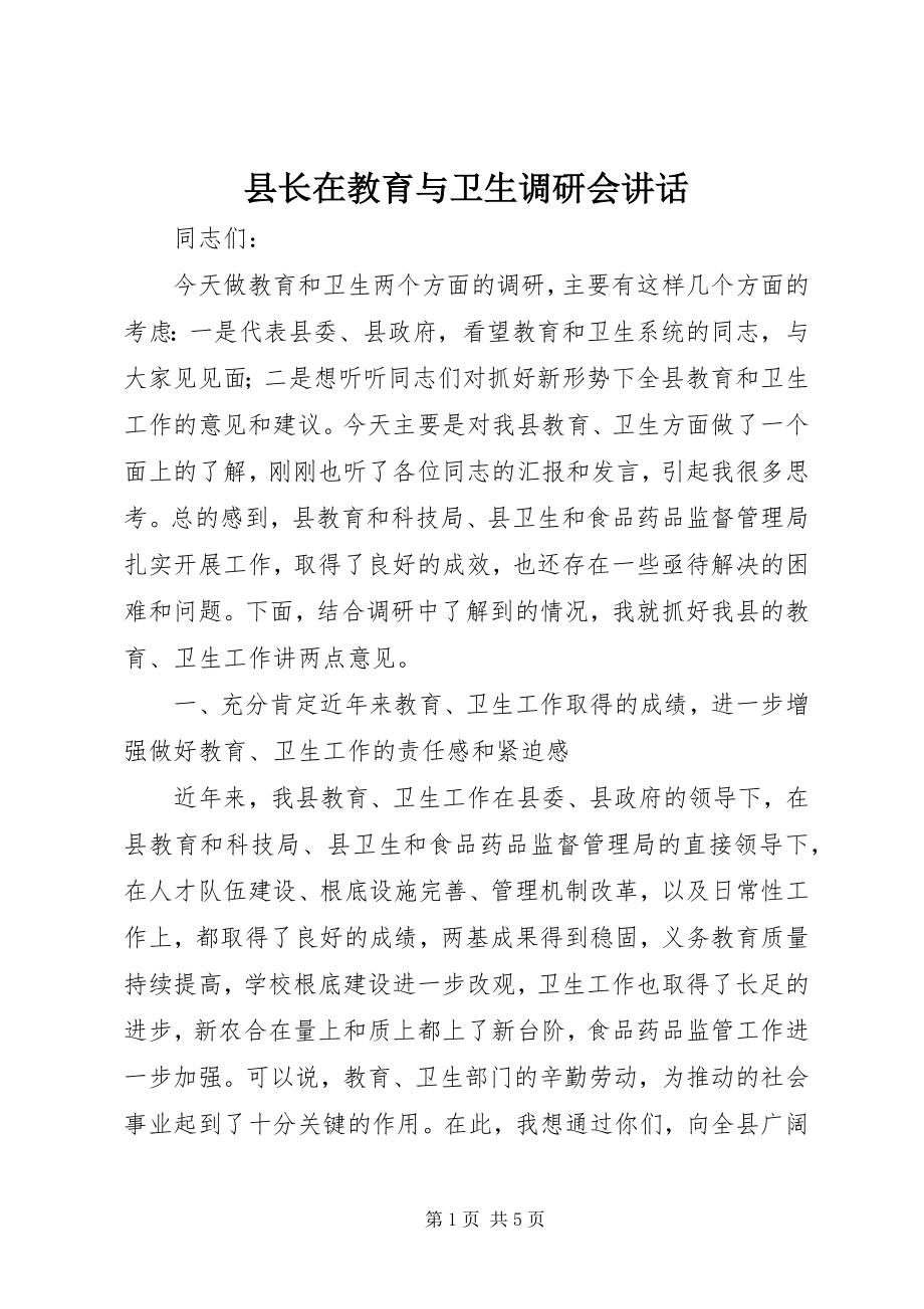 2023年县长在教育与卫生调研会致辞.docx_第1页