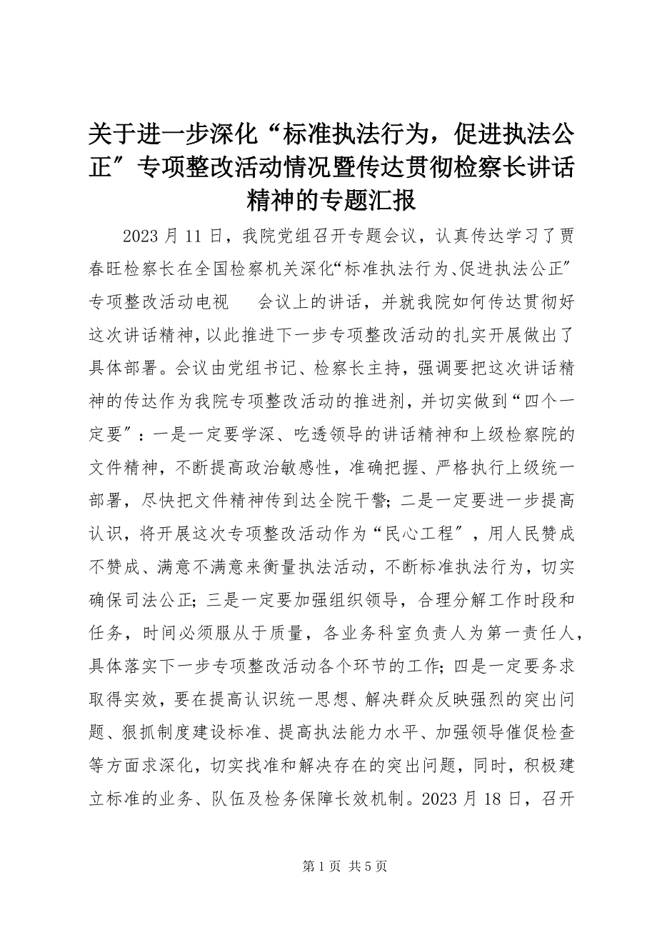 2023年进一步深化“规范执法行为促进执法公正”专项整改活动情况暨传达贯彻检察长致辞精神的专题汇报.docx_第1页