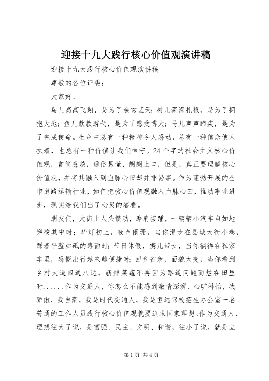 2023年迎接十九大践行核心价值观演讲稿.docx_第1页