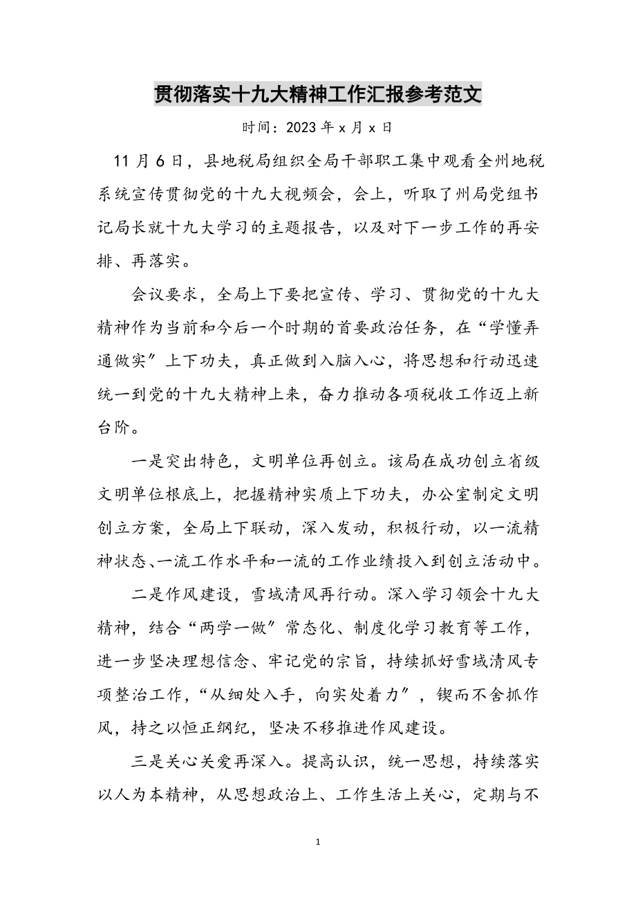 2023年贯彻落实十九大精神工作汇报参考范文.doc_第1页