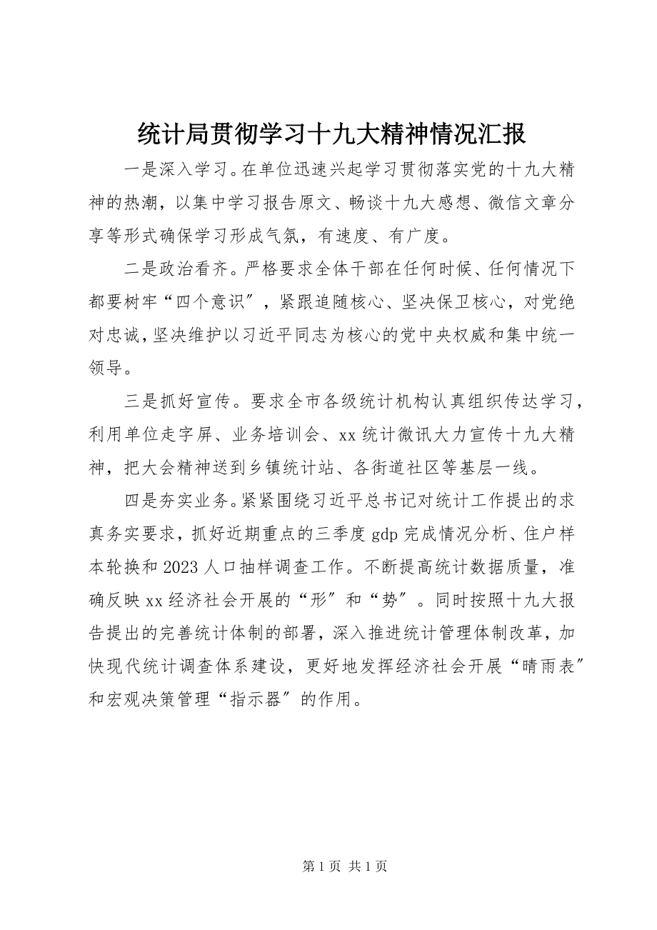 2023年统计局贯彻学习十九大精神情况汇报.docx_第1页