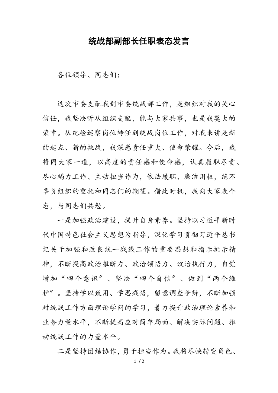 2023年统战部副部长任职表态发言.doc_第1页