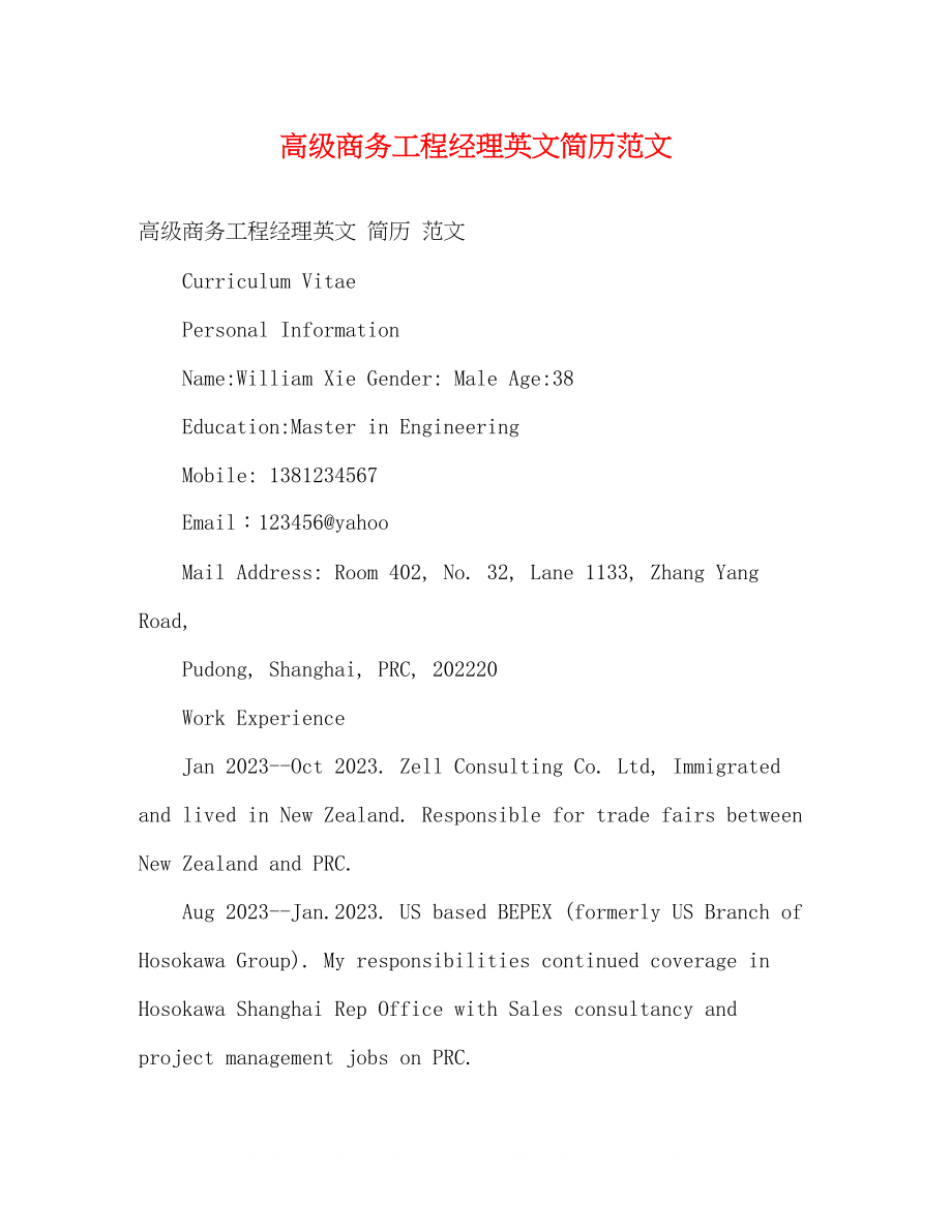 2023年高级商务项目经理英文简历范文2.docx_第1页