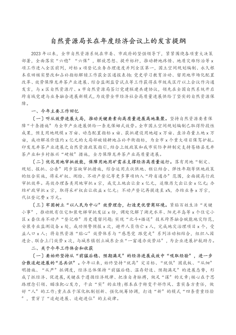 2023年自然资源局长在年度经济会议上的发言提纲.docx_第1页