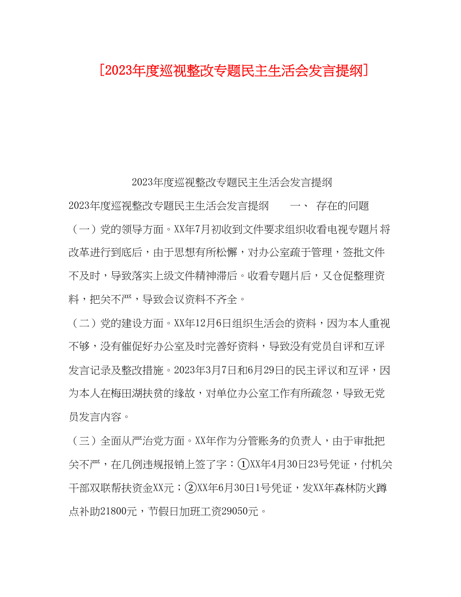 2023年度巡视整改专题民主生活会发言提纲.docx_第1页