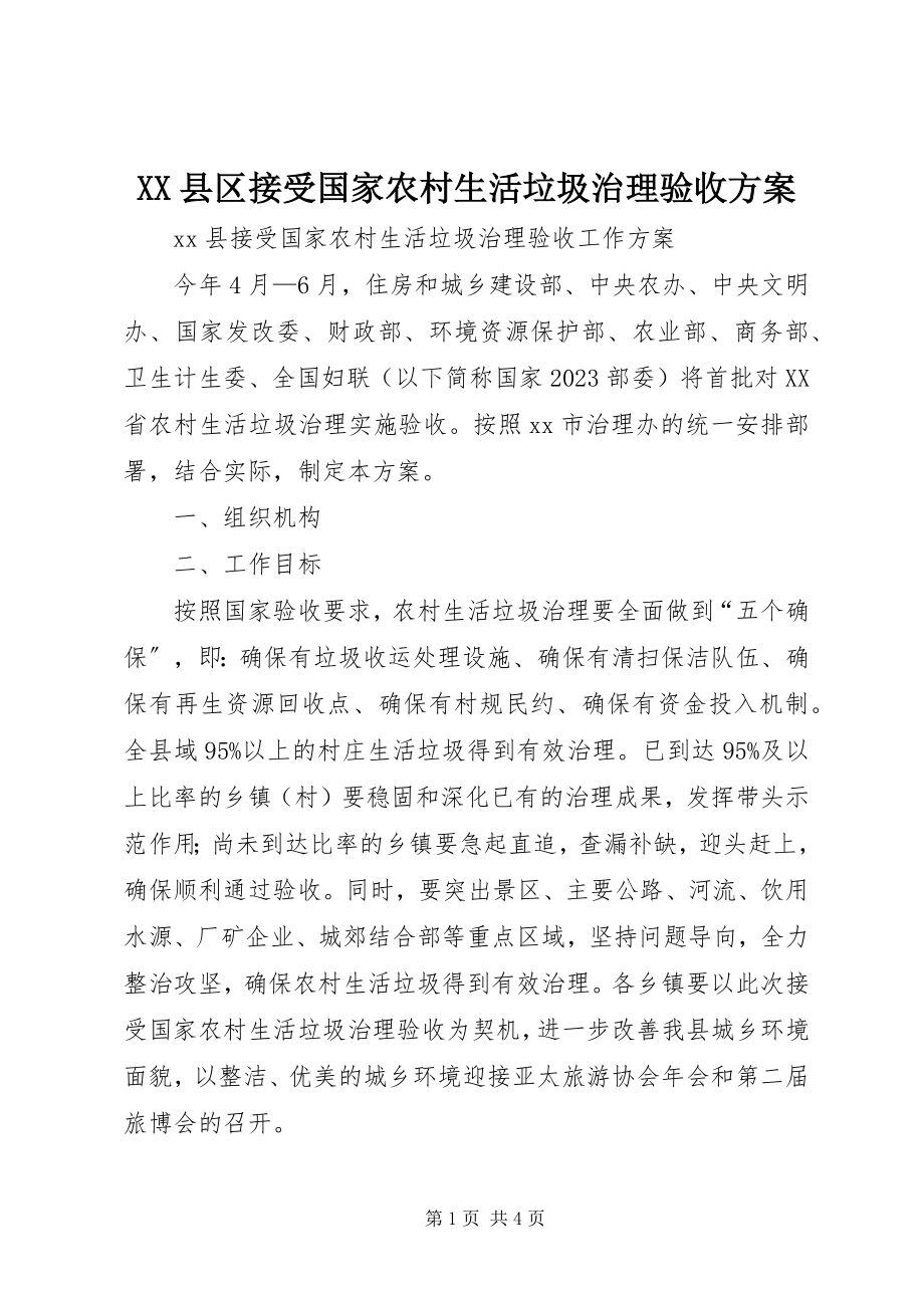 2023年XX县区接受国家农村生活垃圾治理验收方案新编.docx_第1页