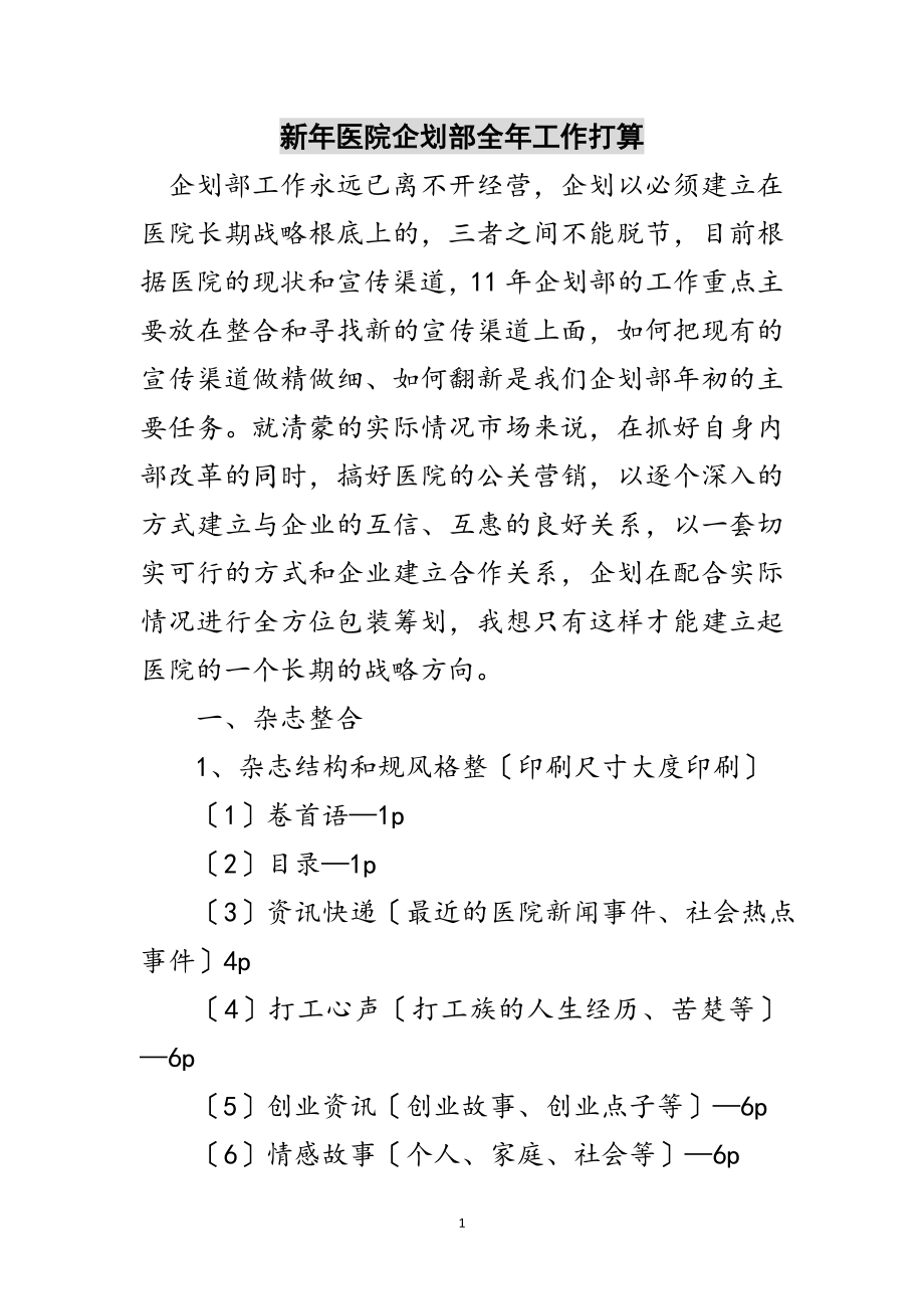 2023年新年医院企划部全年工作打算范文.doc_第1页