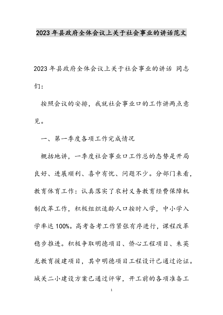 2023年县政府全体会议上关于社会事业的讲话.docx_第1页