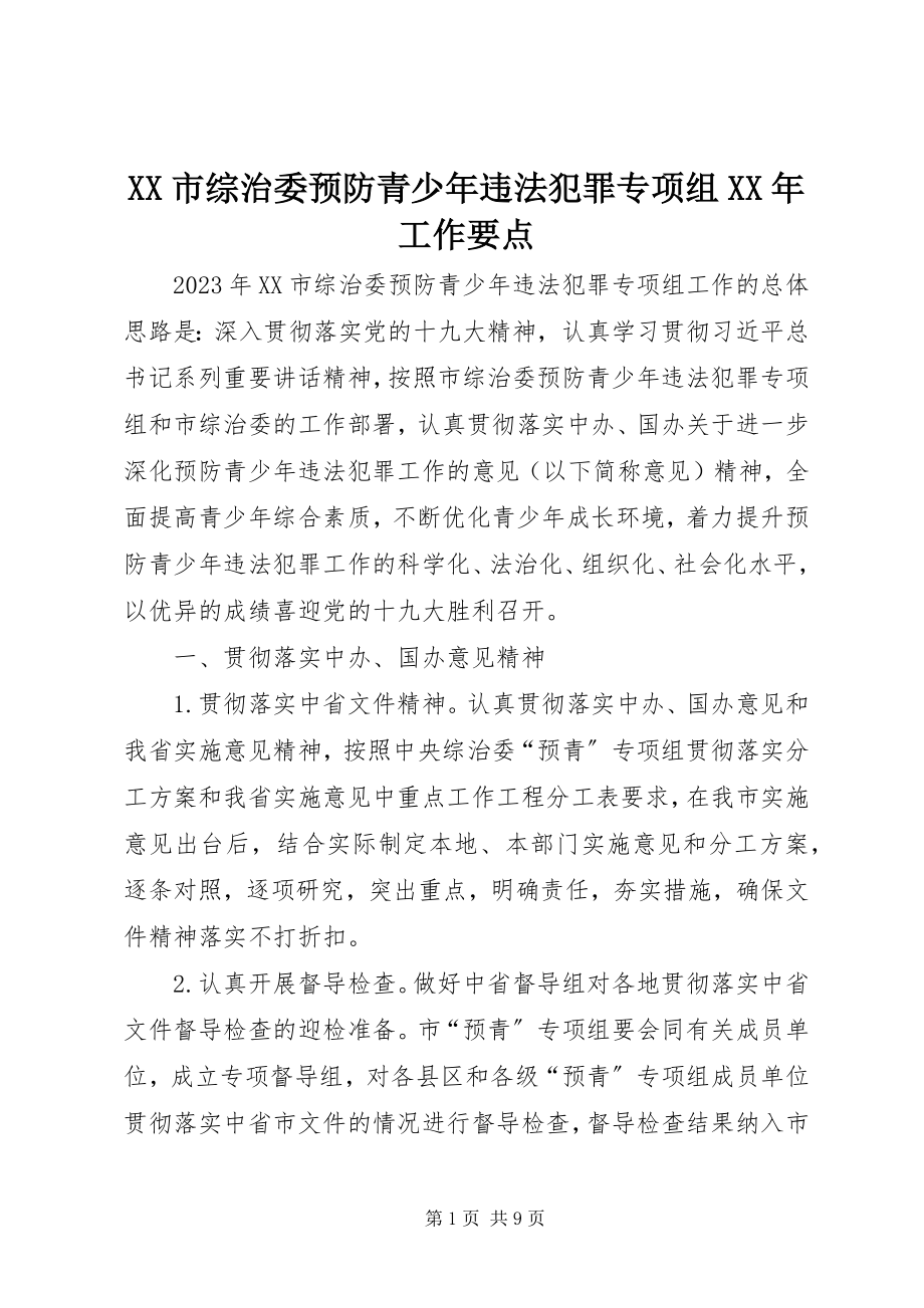 2023年XX市综治委预防青少年违法犯罪专项组工作要点新编.docx_第1页