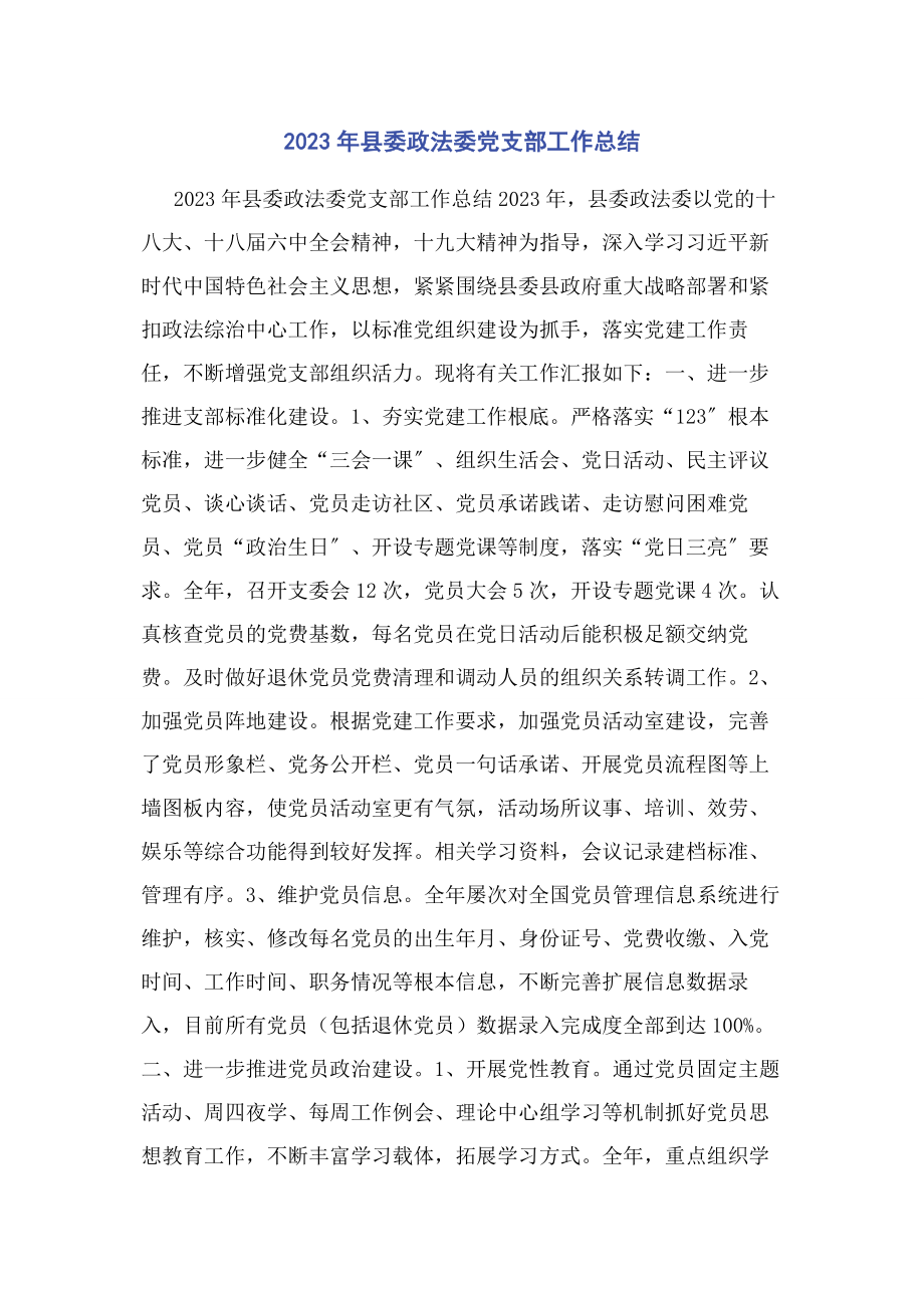 2023年县委政法委党支部工作总结.docx_第1页