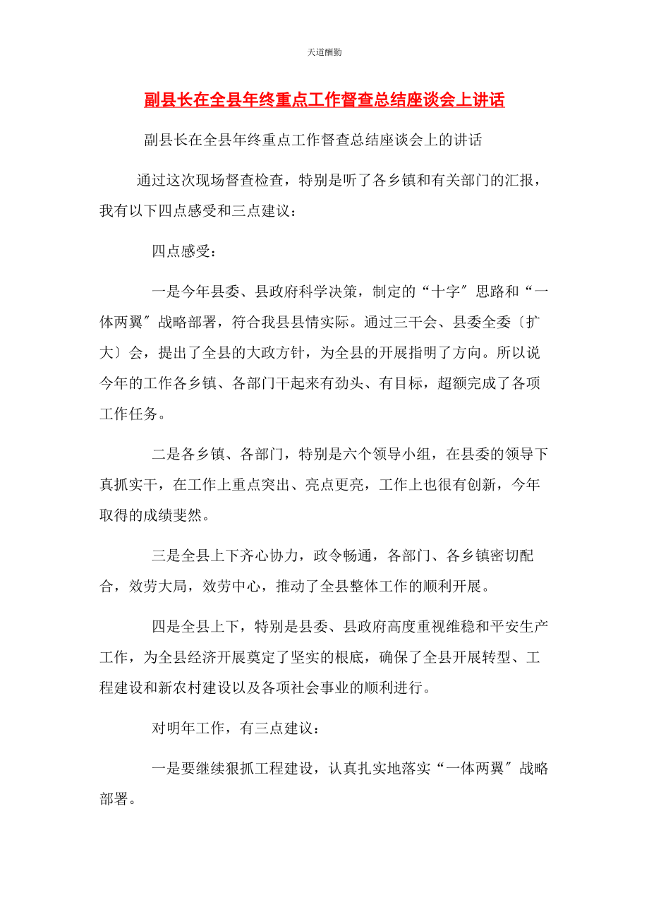 2023年副县长在全县终重点工作督查总结座谈会上讲话范文.docx_第1页