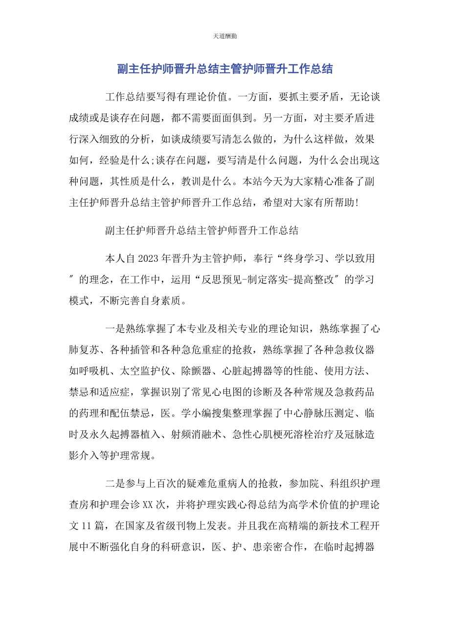 2023年副主任护师晋升总结主管护师晋升工作总结范文.docx_第1页