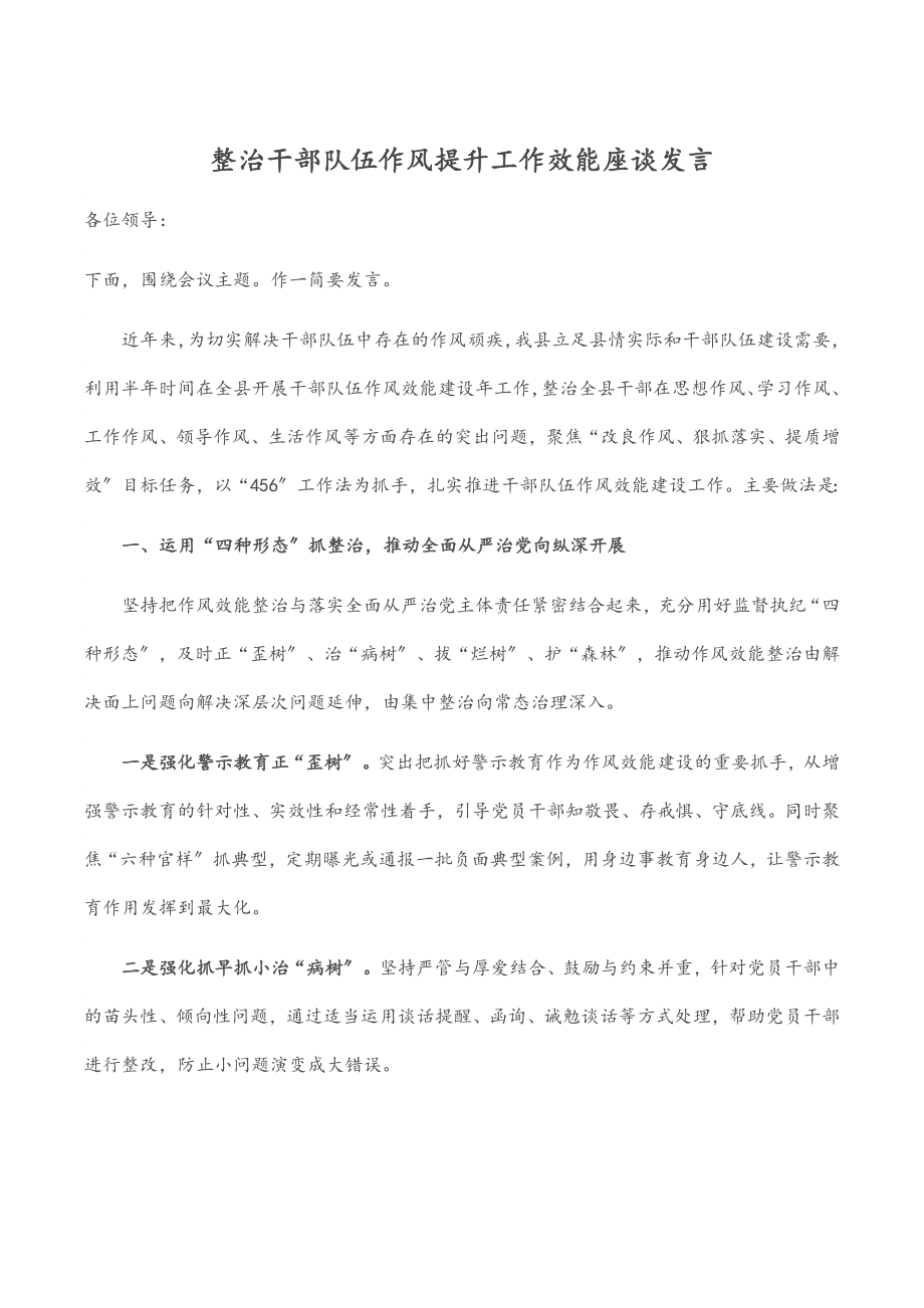 整治干部队伍作风提升工作效能座谈发言.docx_第1页