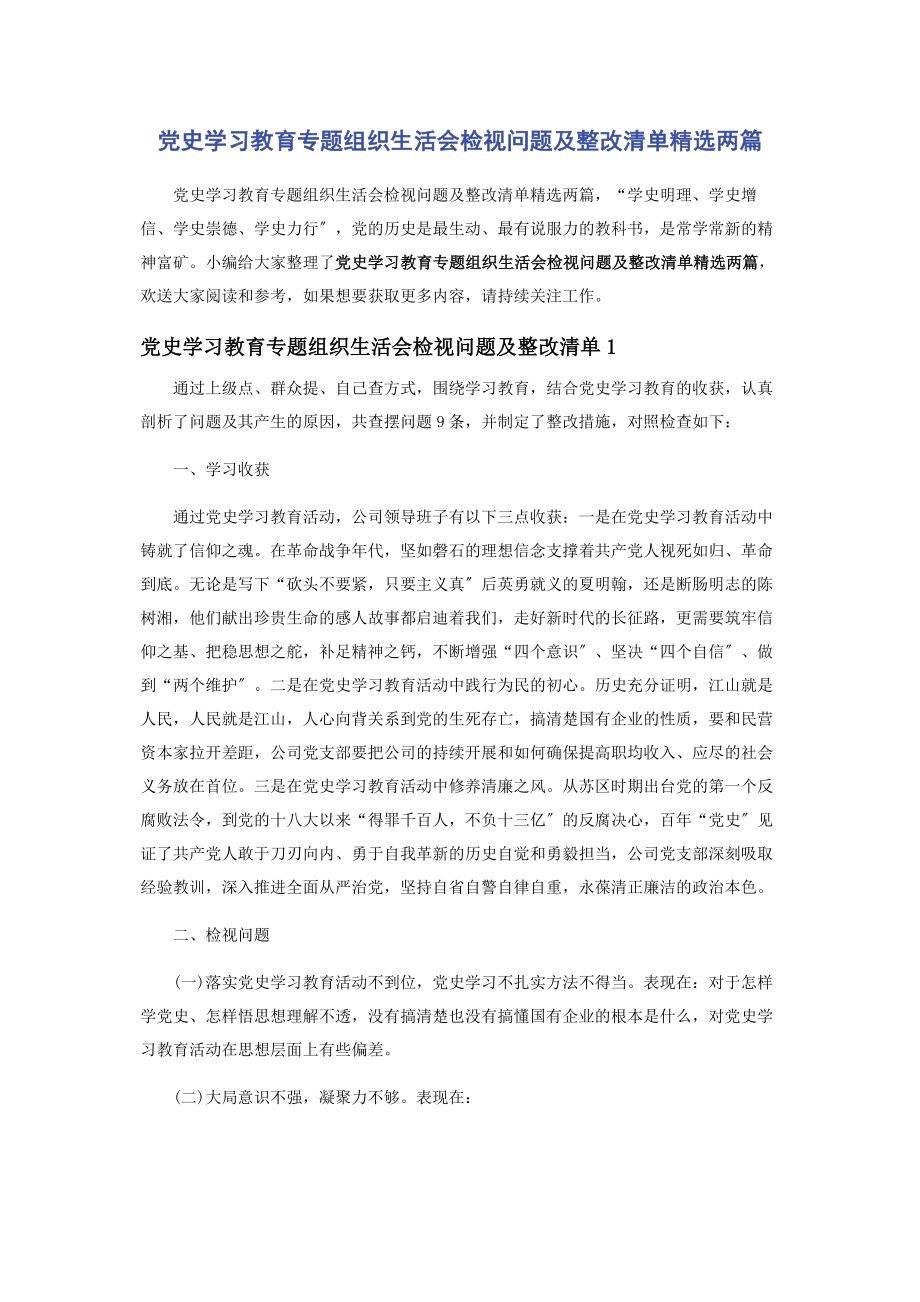 2023年党史学习教育组织生活会检视问题及整改清单两篇.docx_第1页