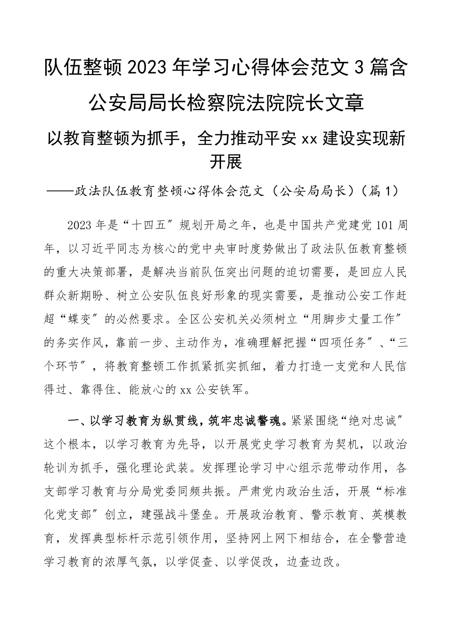 队伍整顿2023年学习心得体会3篇含公安局局长检察院法院院长文章.docx_第1页